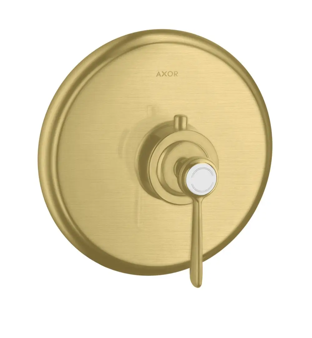 Thermostat-Unterputz mit Hebelgriff in gebürstetem Messing von AXOR. Rundes Gehäuse mit klarer Funktionalität, geeignet für Badezimmerinstallationen.